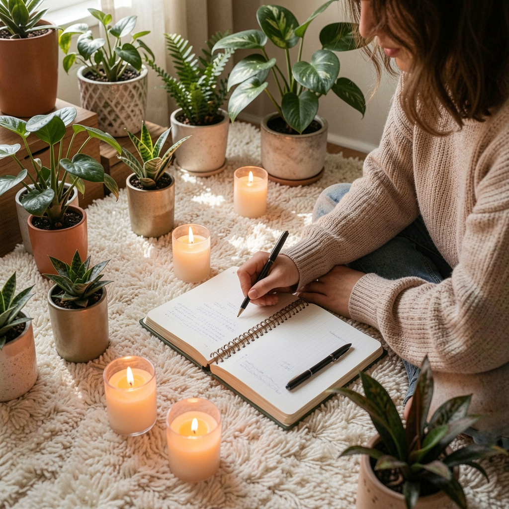 Person journaling and practicing self-reflection in calm environment